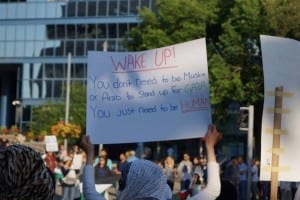A simple yet poignant message from a protest in Edmonton. /Maha Malik