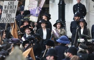 LONDON, ENGLAND - APRIL 11:  Actors (L-R) Anne-Marie Duff, Carey Mulligan, Helena Bonham Carter and Romola Garai take part in filming of the movie Suffragette at Parliament on April 11, 2014 in London, England. This is the first time filming for a movie has been allowed in The Houses of Parliament. Suffragette is due for release in 2015.  (Photo by Peter Macdiarmid/Getty Images)