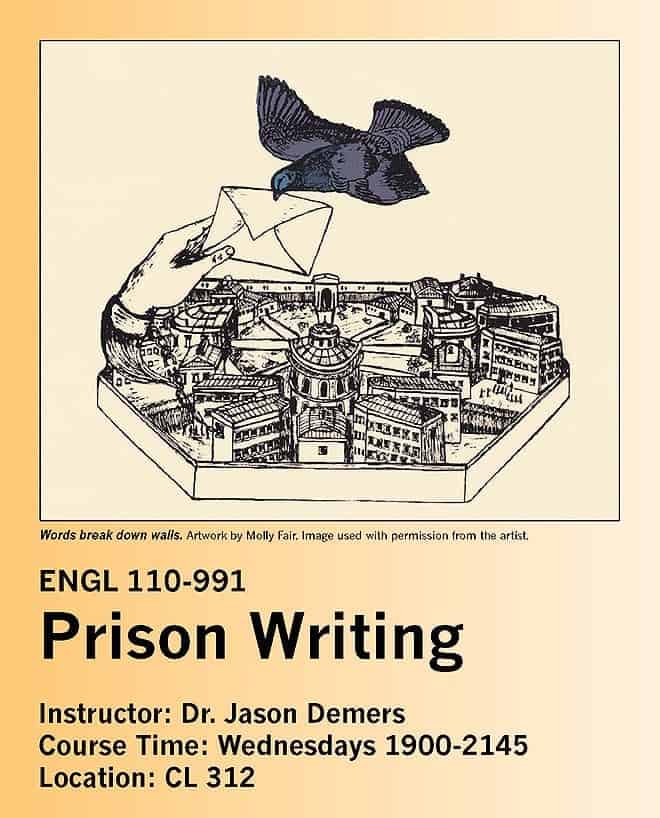 Dr. Demers’ prison writing course aims to explore an emerging genre -- Poster by U of R Department of English, featuring artwork by Molly Fair