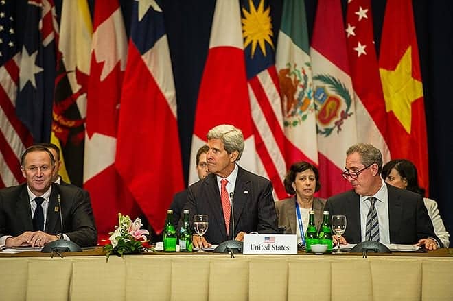 Bali, Indonesia (October 8, 2013) U.S. Secretary of State John Kerry participates in a meeting with nations' leaders discussing the Trans-Pacific Partnership (TPP). [State Department photo by William Ng/Public Domain]