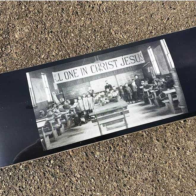 langan reuses residential school documents to educate young people about Canadian colonialism by colonialism skateboards