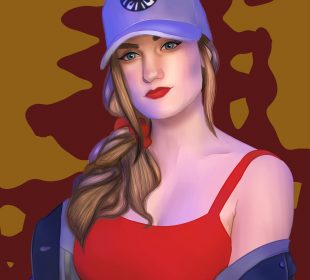 A portrait done by Jorah Bright. The person has a ball cap with a logo on it, long blond hair, and painted red lips. They are wearing a tank top and a jean jacket.