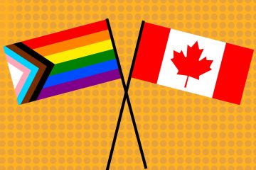A sketch of the flag of Canada and the pride flag, overlapping each other at the masts